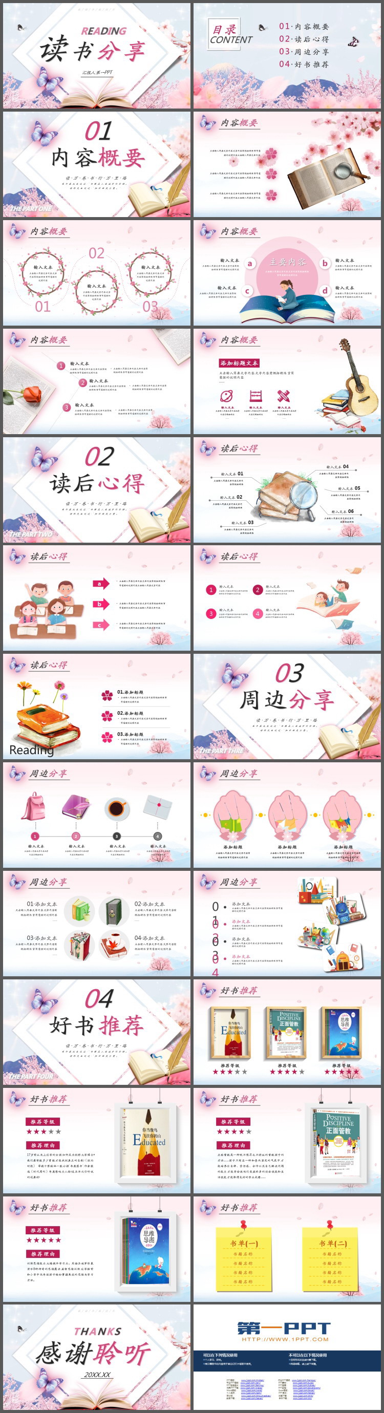 唯美樱花蝴蝶背景的读书分享会PPT模板