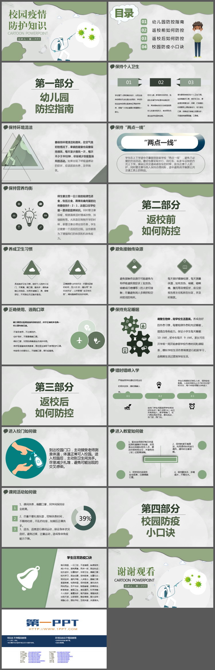 绿色卡通校园疫情防护知识PPT模板