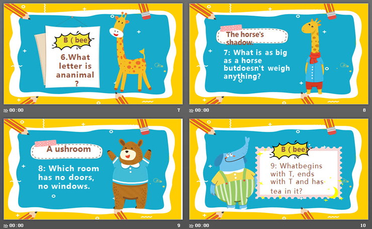 卡通小动物背景的英语单词猜一猜游戏PPT模板