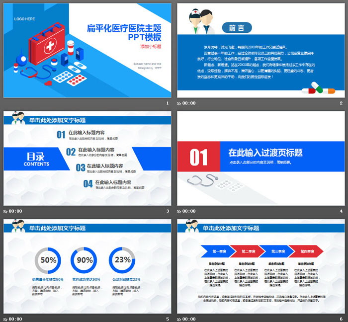 蓝红扁平化医疗医院工作总结汇报PPT模板