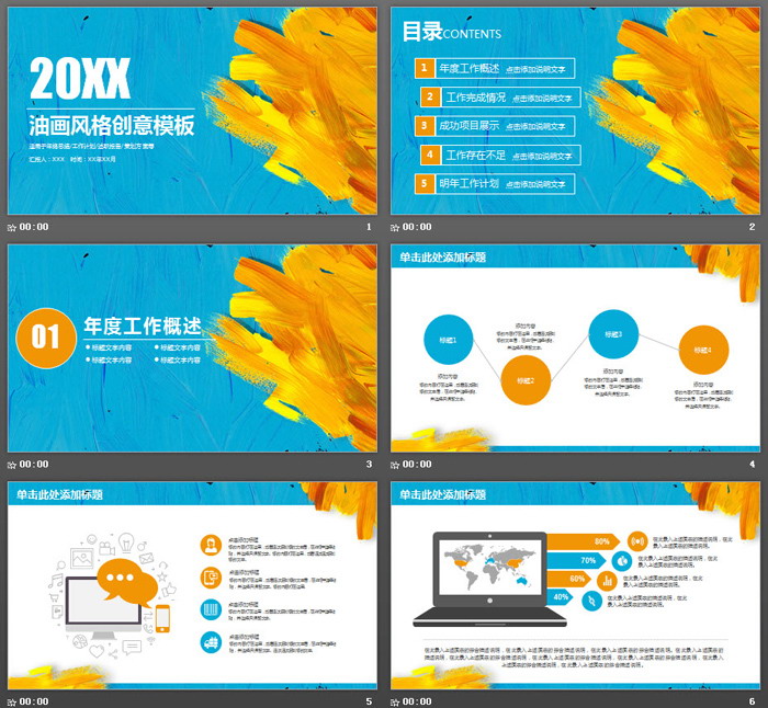 水彩油画笔触背景的美术教育培训PPT模板