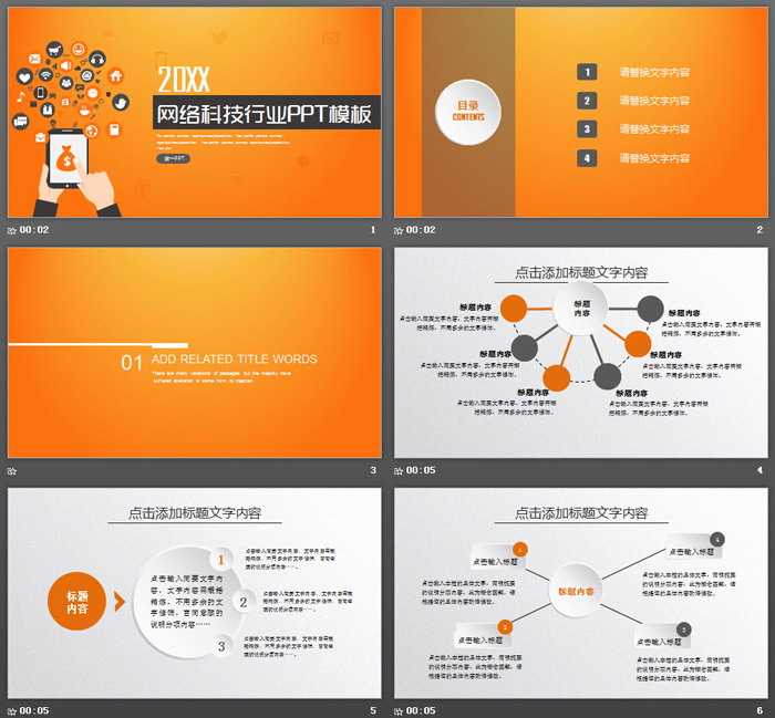 橙色扁平化网络科技PPT模板