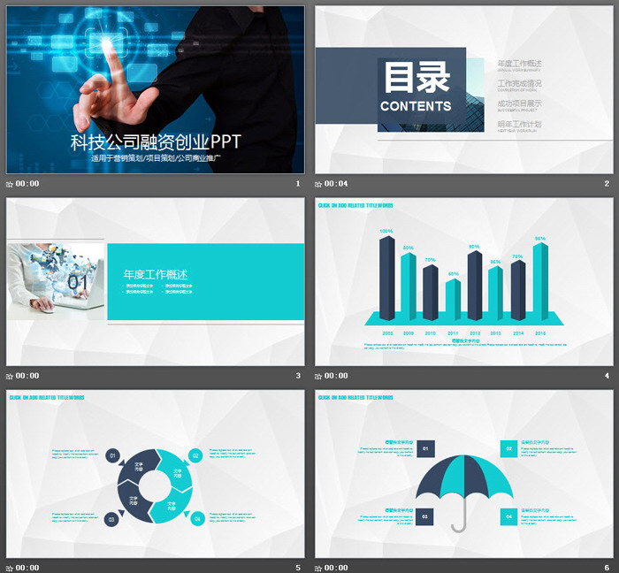 蓝色光影与手势组合科技行业创业融资PPT模板