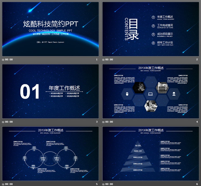 蓝色星空背景的科技行业工作总结PPT模板