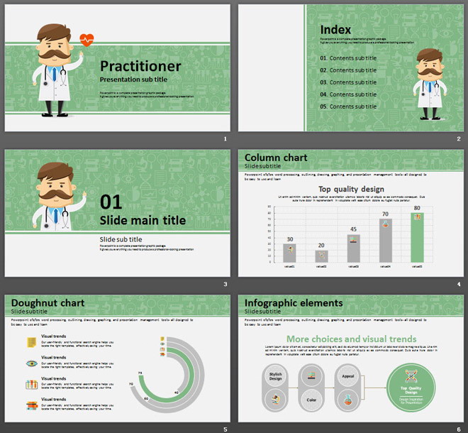 绿色卡通医生背景的医疗医院PPT模板免费下载