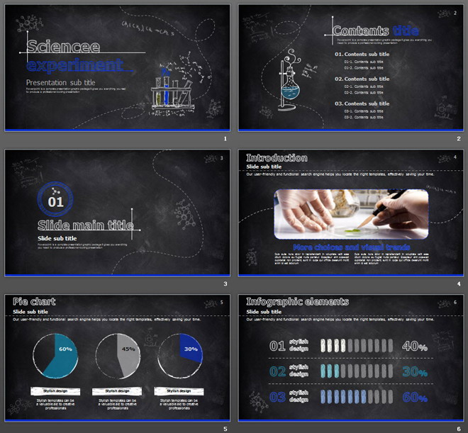 蓝色黑板粉笔手绘科学化学实验PPT课件模板