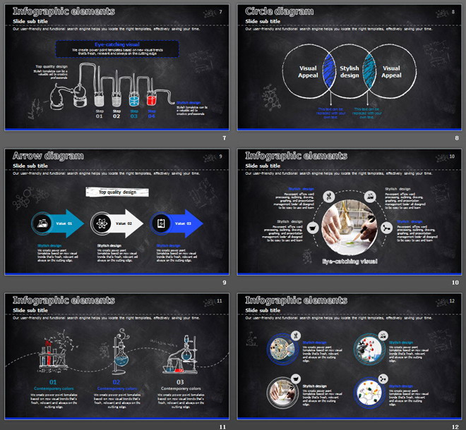 蓝色黑板粉笔手绘科学化学实验PPT课件模板