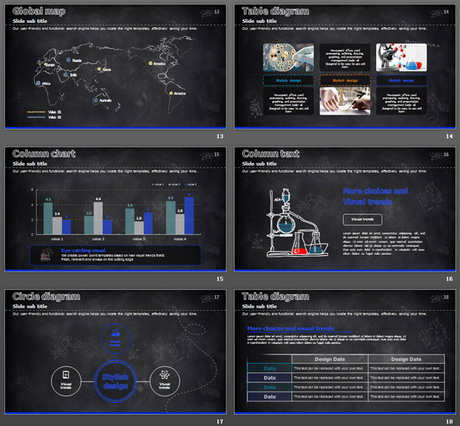 蓝色黑板粉笔手绘科学化学实验PPT课件模板
