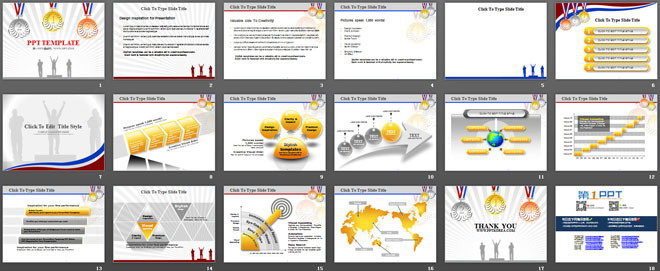 领奖台与奖牌背景的体育运动PPT模板下载