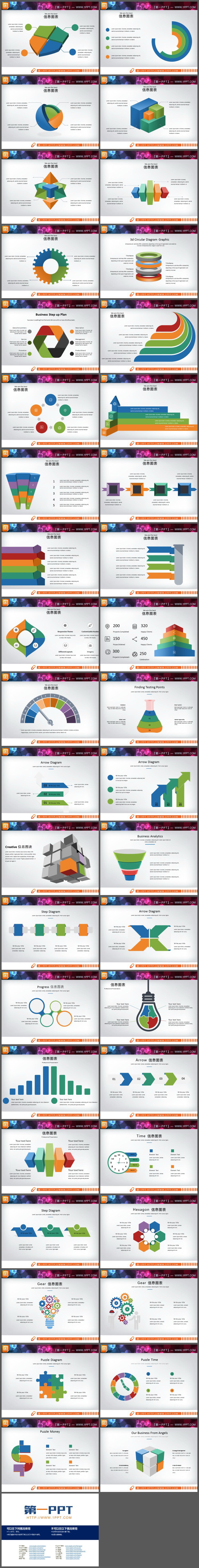40页彩色扁平化组合关系PPT图表