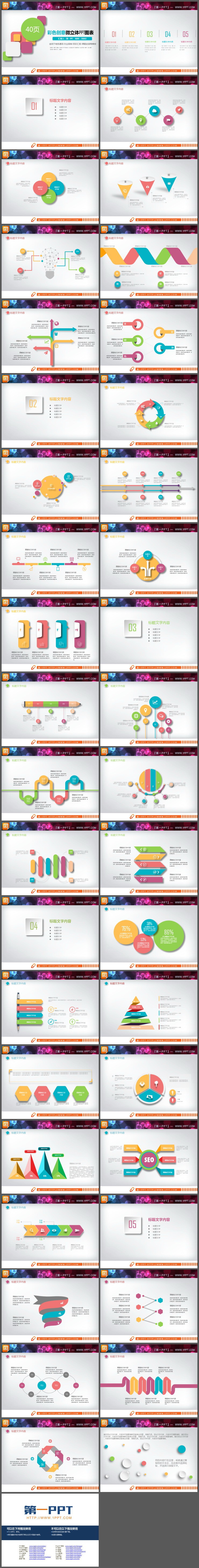 40张彩色扁平化阴影效果PPT图表大全