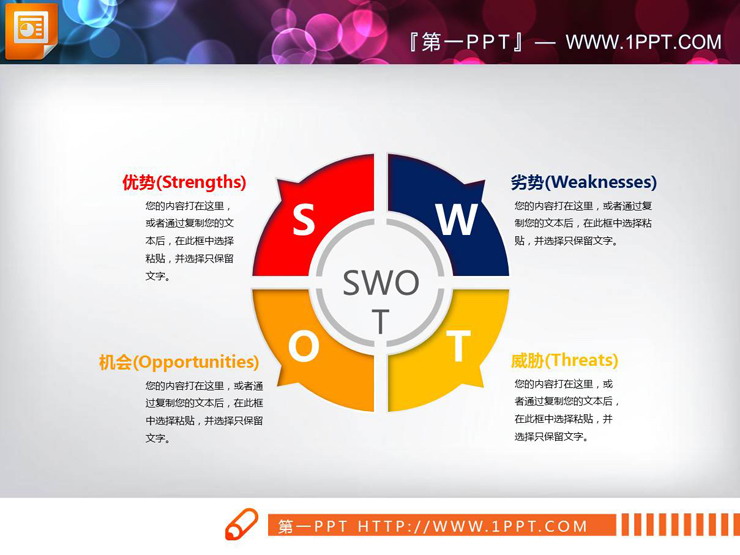三张彩色凹陷效果的SWOT分析PPT图表