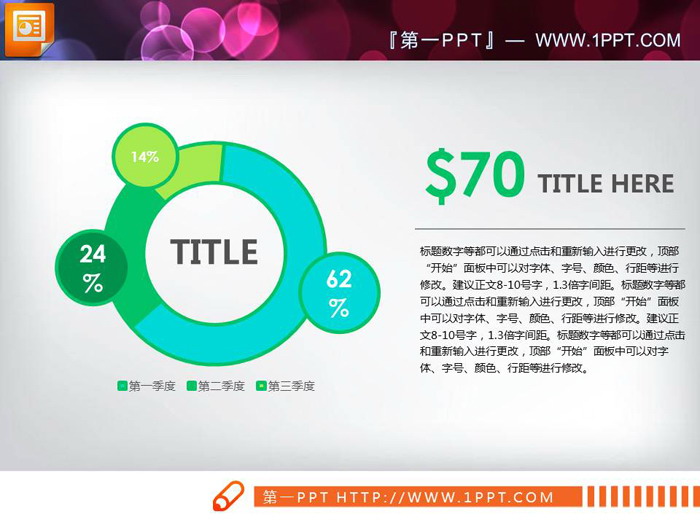 绿色三数据比例说明PPT饼状图