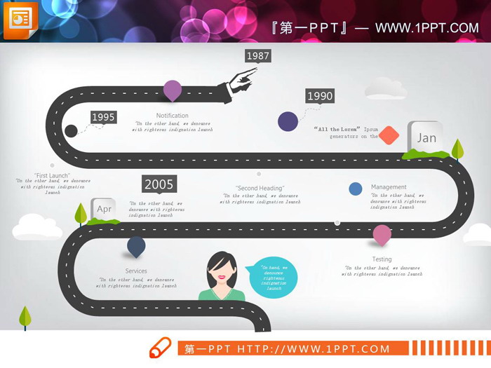 三张卡通扁平化马路PPT时间轴