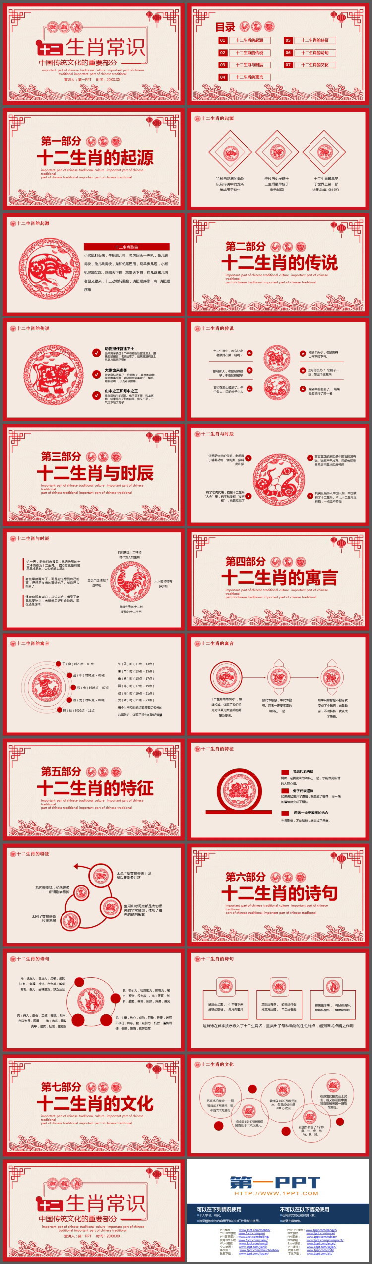 红色剪纸风的十二生肖介绍PPT