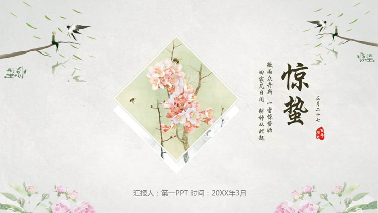 小清新水彩花卉燕子背景的惊蛰PPT模板