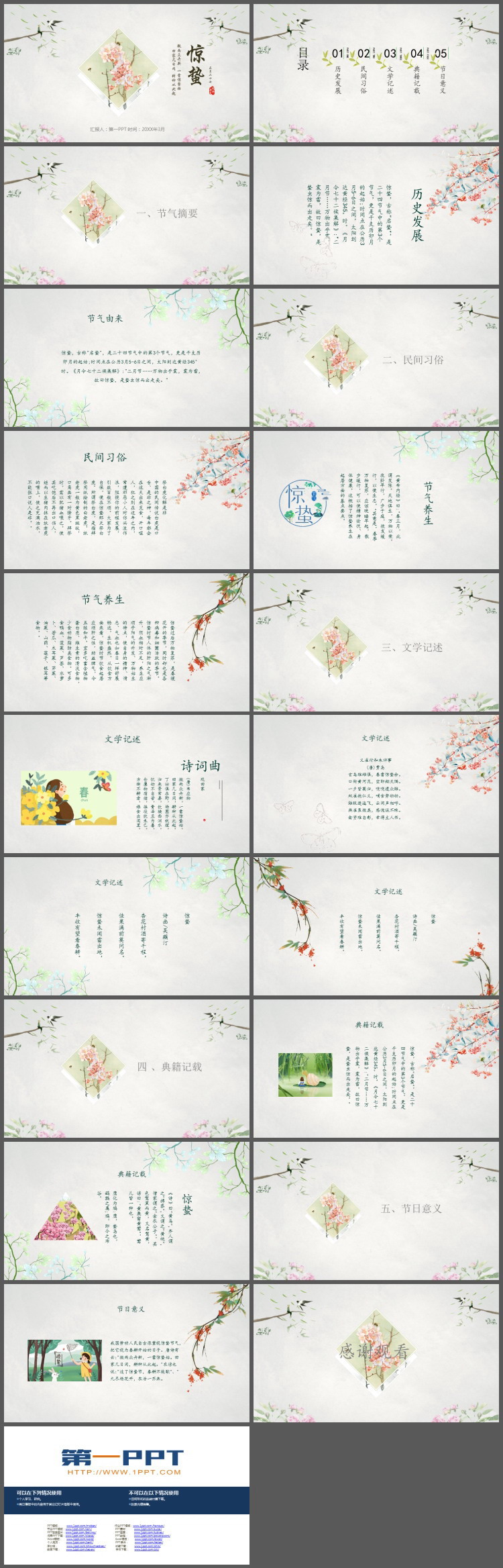 小清新水彩花卉燕子背景的惊蛰PPT模板