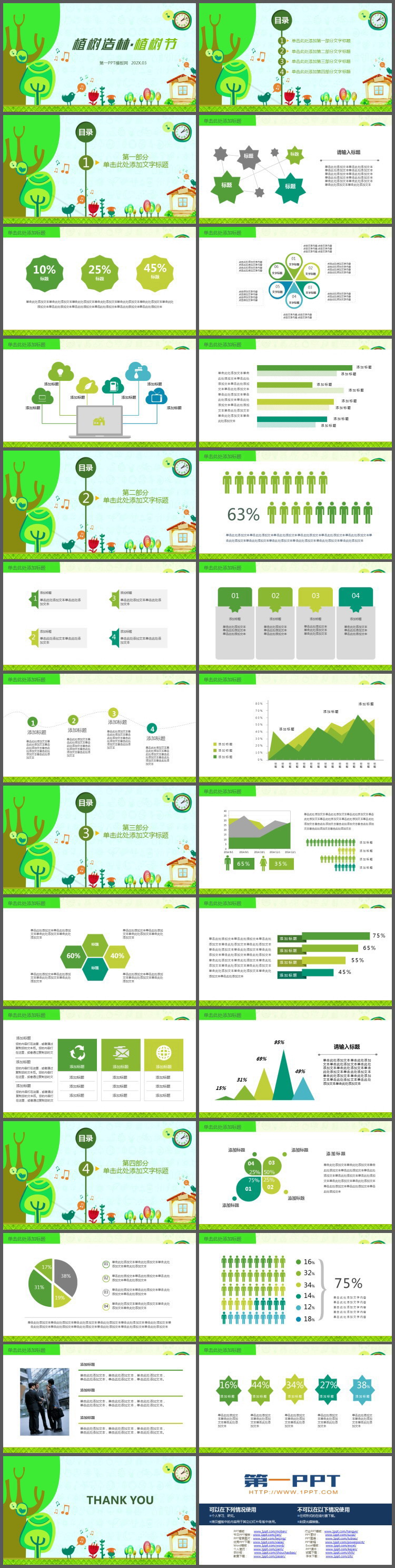 绿色卡通风植树造林背景的植树节PPT模板