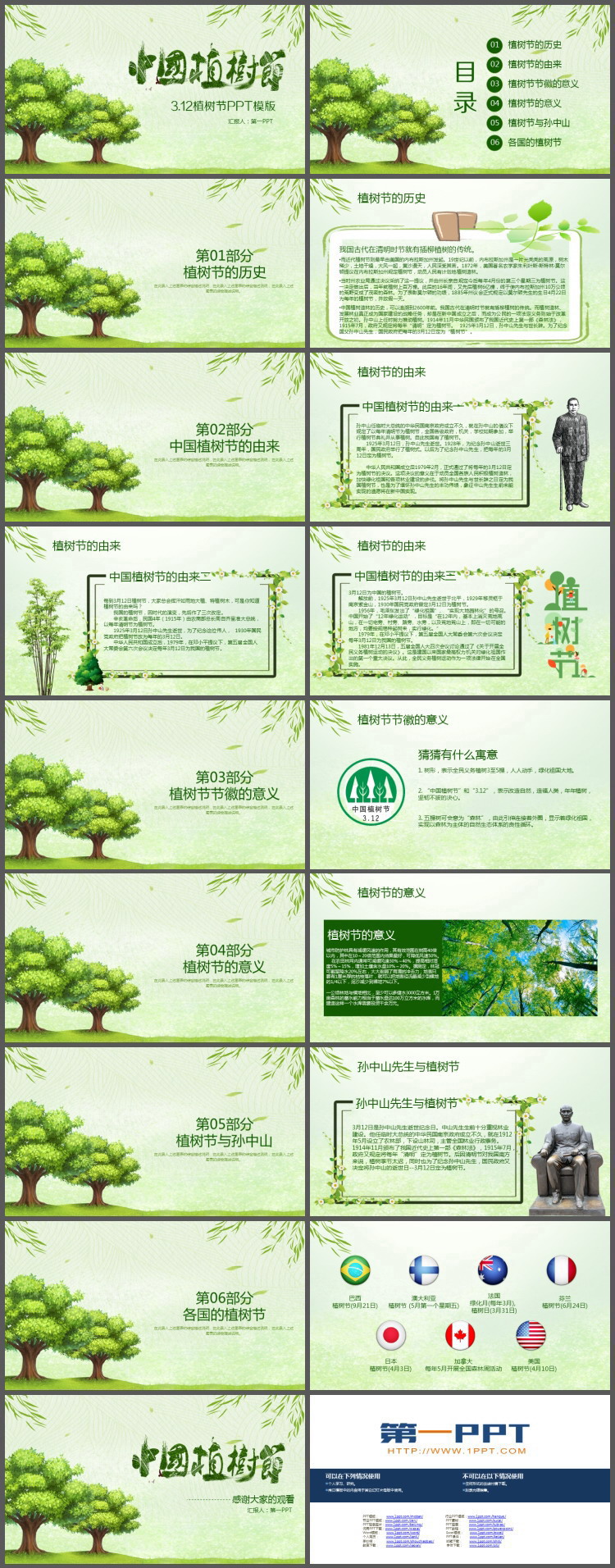 绿色树木柳条背景的中国植树节PPT模板