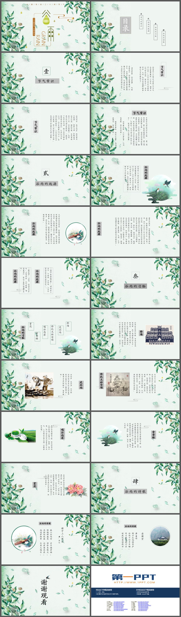 清新绿色水彩植物叶子背景的谷雨节气PPT模板