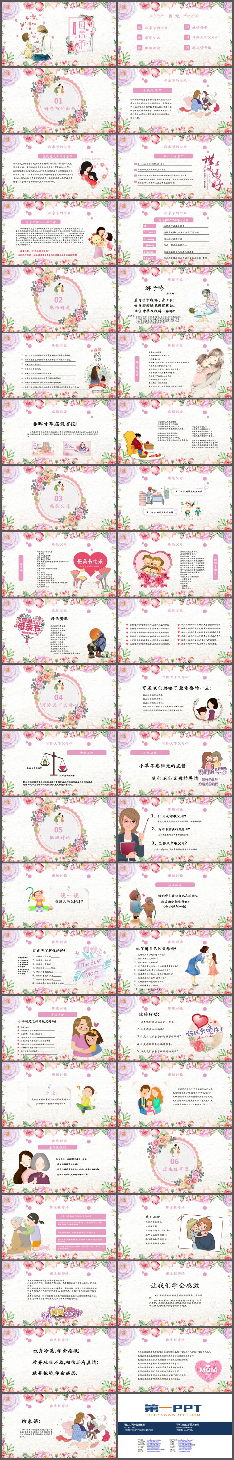 水彩花卉母亲与女儿背景母亲节主题班会PPT模板