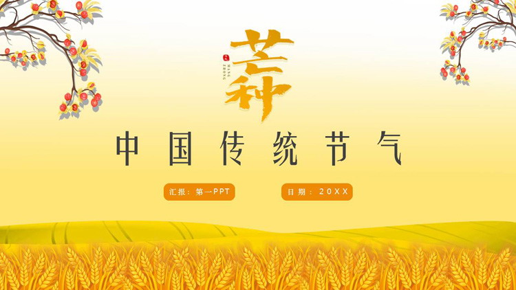 金色麦田背景的芒种节气PPT模板