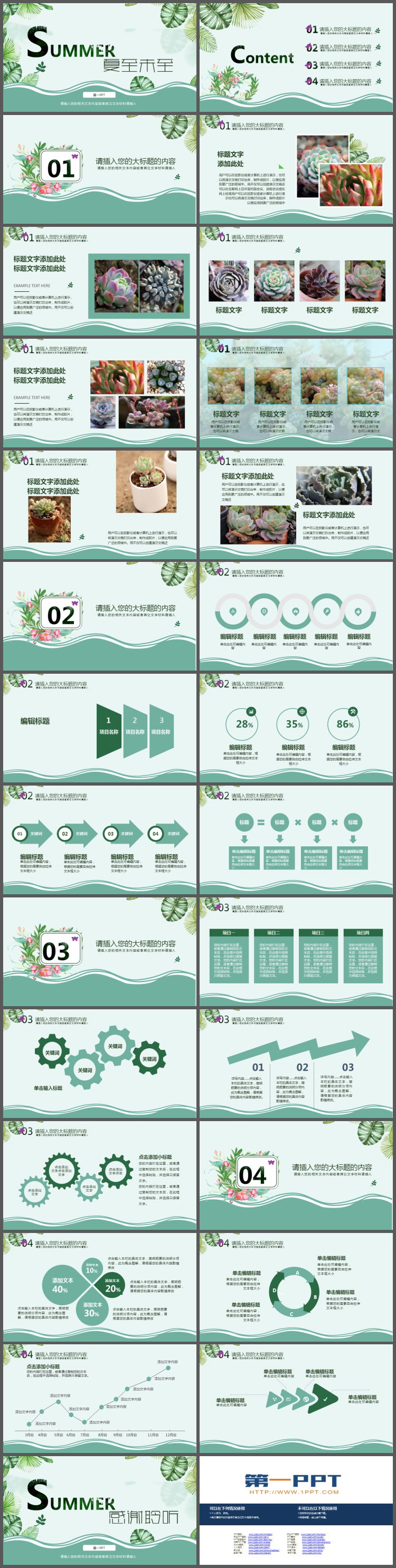 绿色水彩植物叶子背景的夏至主题PPT模板