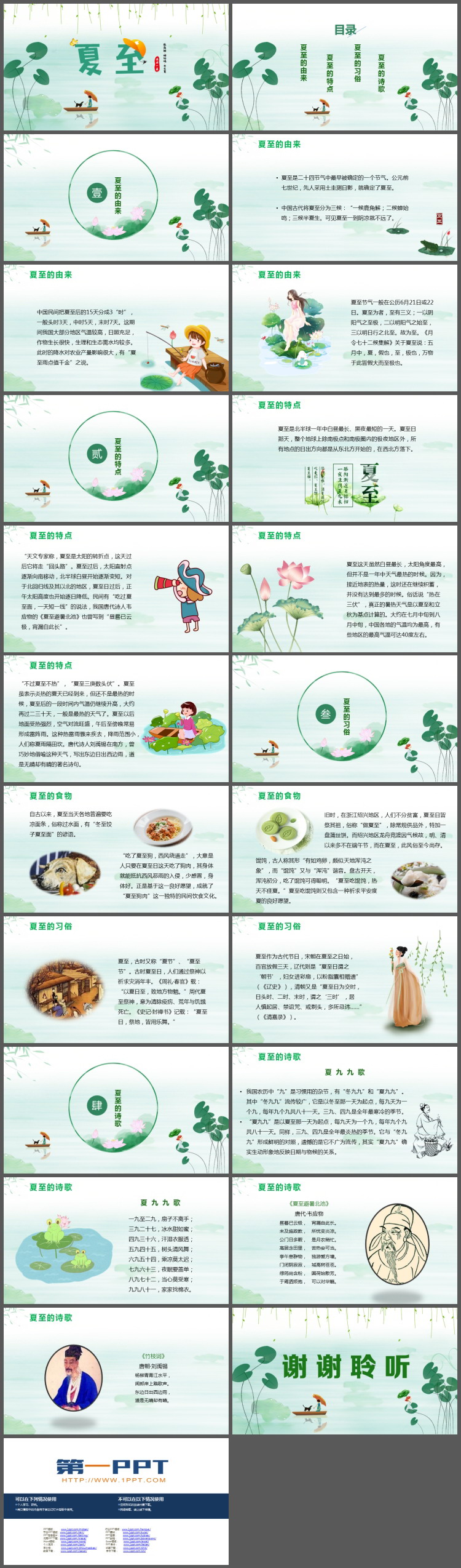 清爽池塘荷叶柳条背景的夏至节气介绍PPT模板