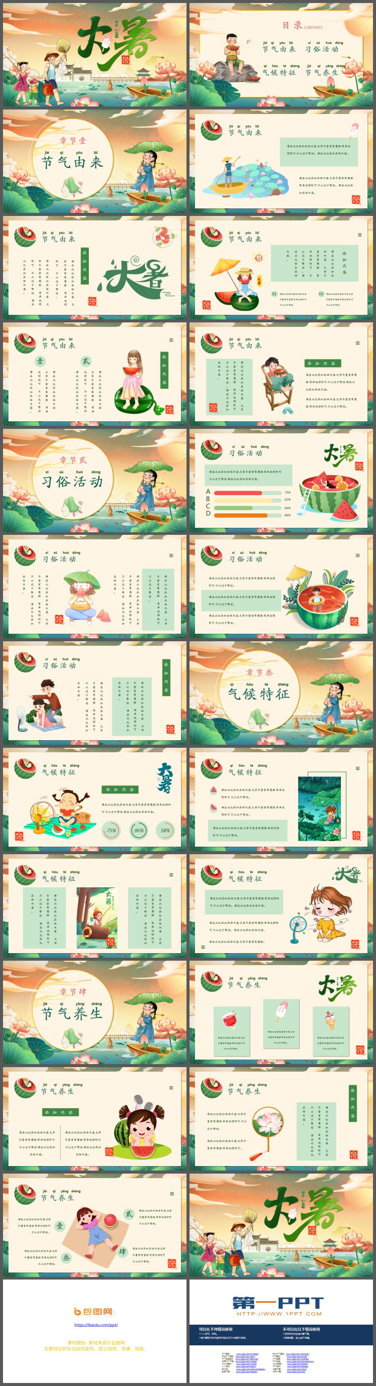 国潮插画风大暑节气介绍PPT模板