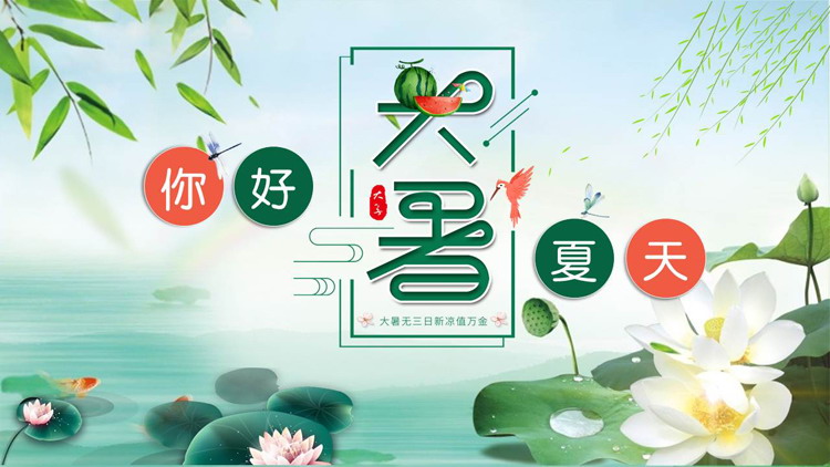 雅致荷花柳条背景的大暑节气介绍PPT模板