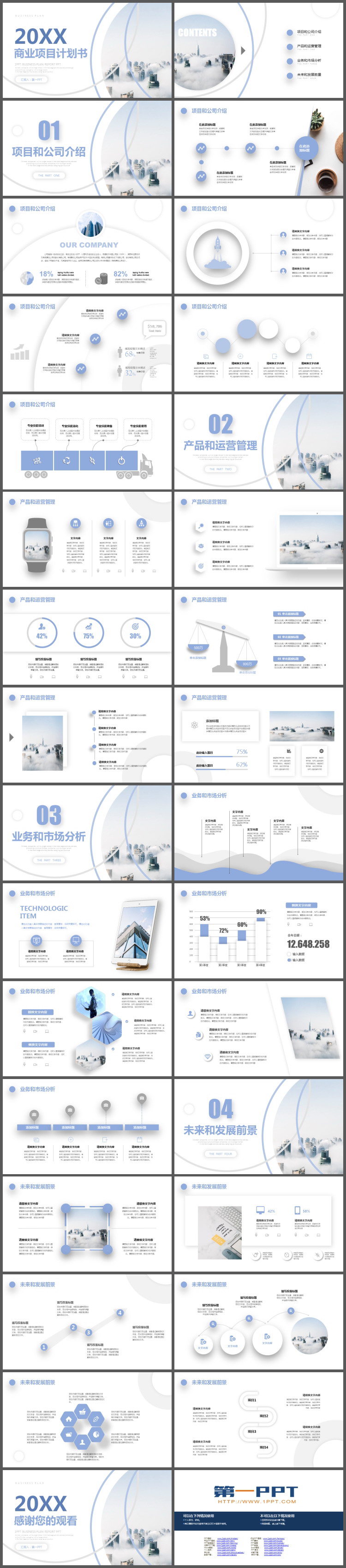 蓝色大气建筑背景商业项目计划书PPT模板免费下载