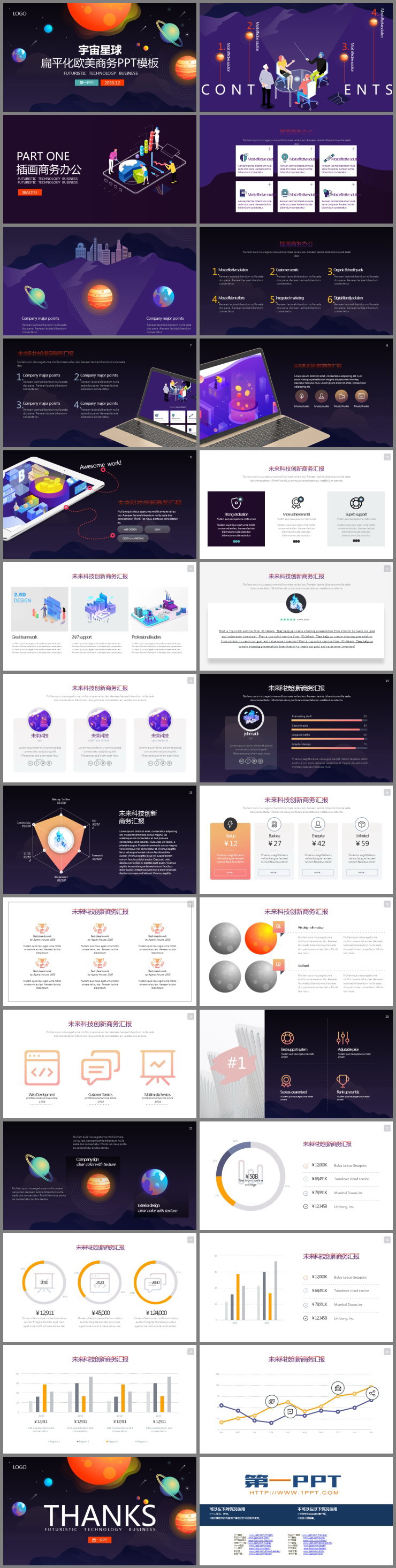 宇宙星球背景的扁平化欧美商务PPT模板