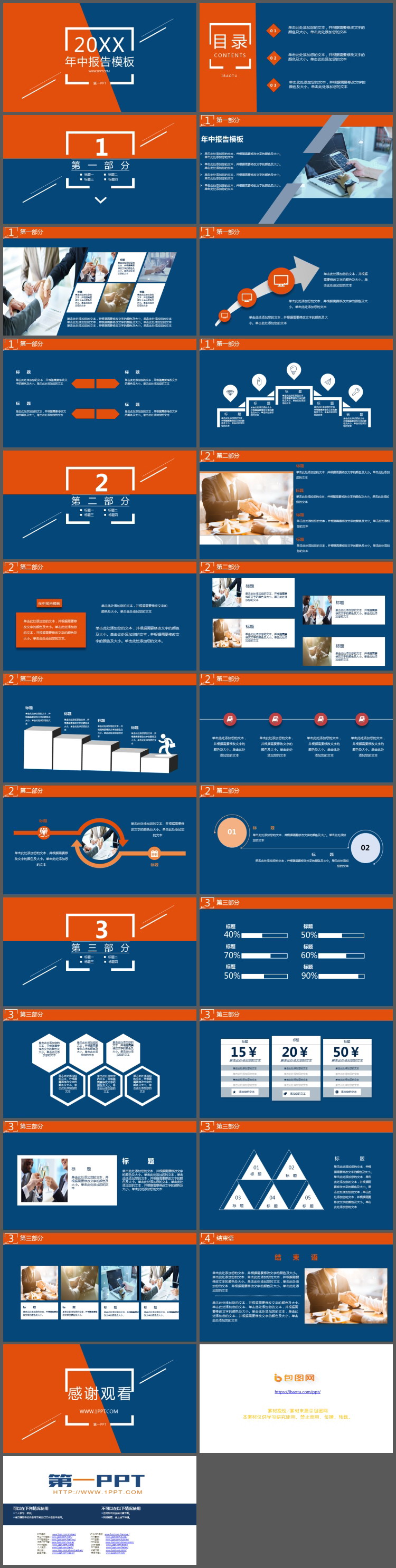 简约蓝橙拼色年中工作报告PPT模板