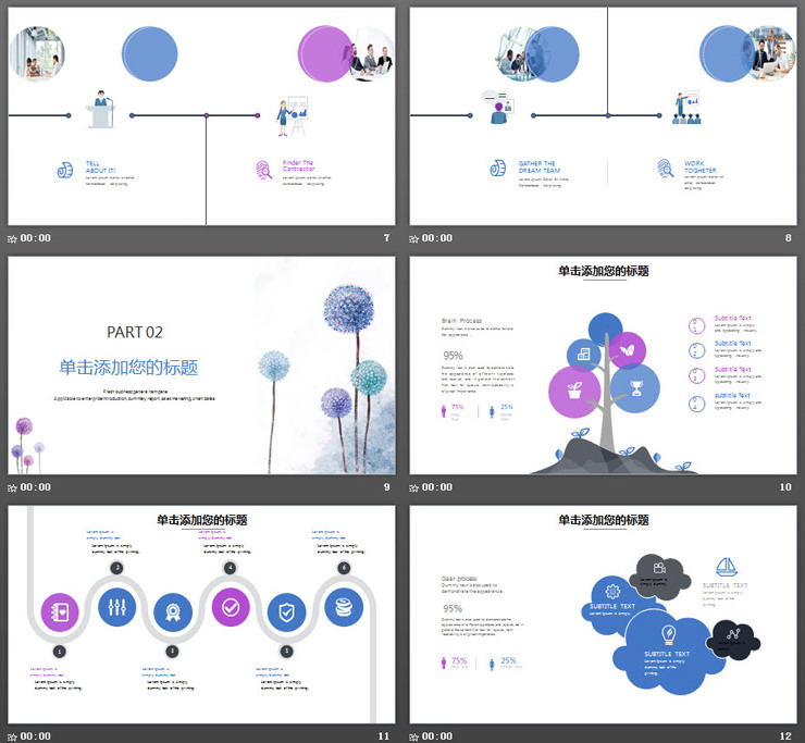 小清新蓝色水彩蒲公英PPT模板