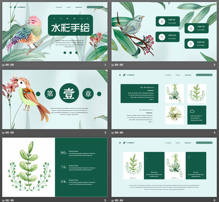 彩色水彩手绘绿叶小鸟PPT模板免费下载