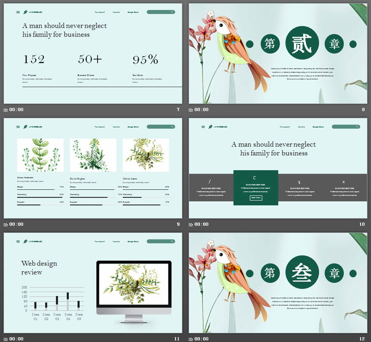 彩色水彩手绘绿叶小鸟PPT模板免费下载