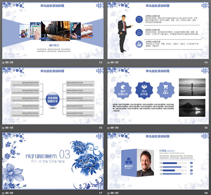 蓝色青花风古典花卉背景PPT模板