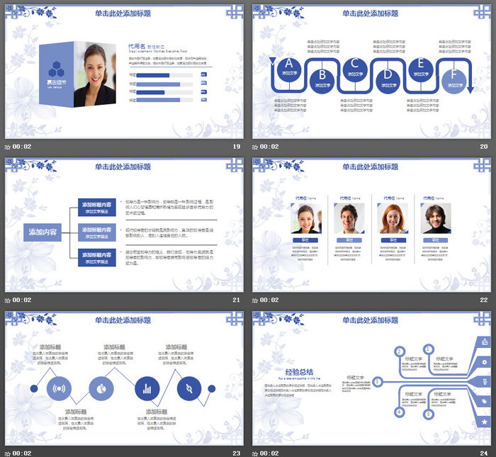 蓝色青花风古典花卉背景PPT模板