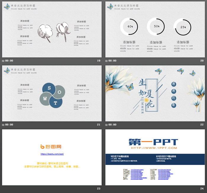 水彩花卉蝴蝶背景的生如夏花五月你好PPT模板