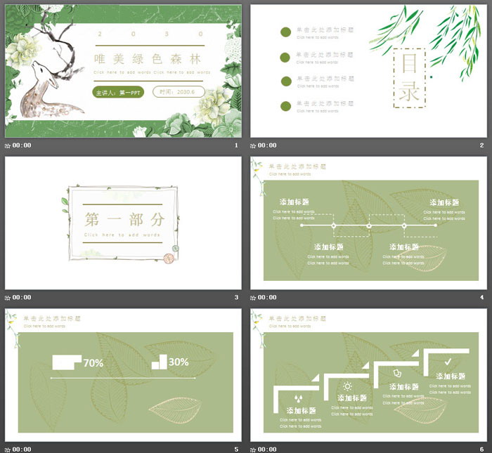 绿色清新唯美森林花卉小鹿PPT模板