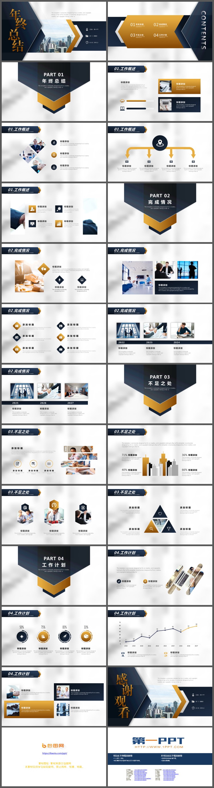 精致稳重蓝黄配色年终工作总结PPT模板