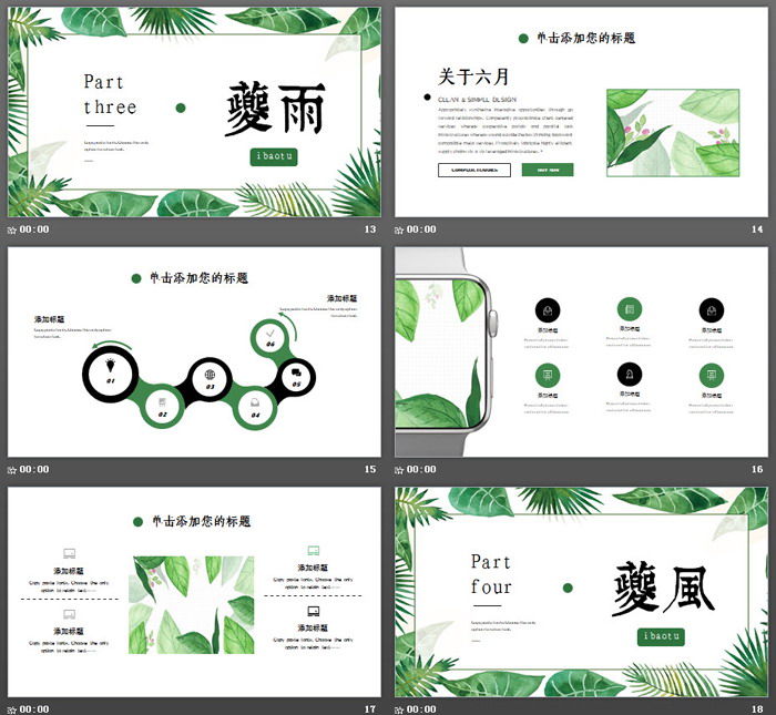 清爽水彩绿叶背景的《六月你好》PPT模板