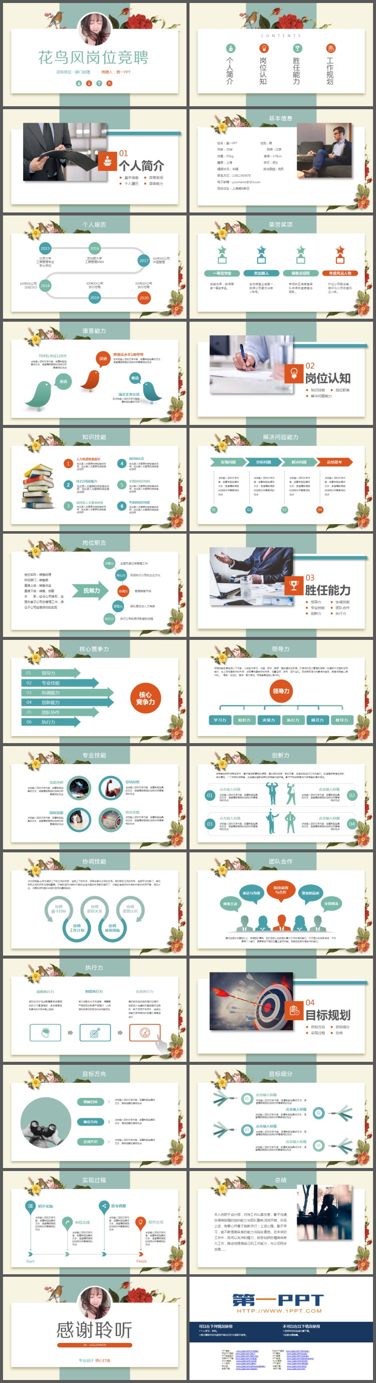 复古花鸟背景个人竞聘PPT模板