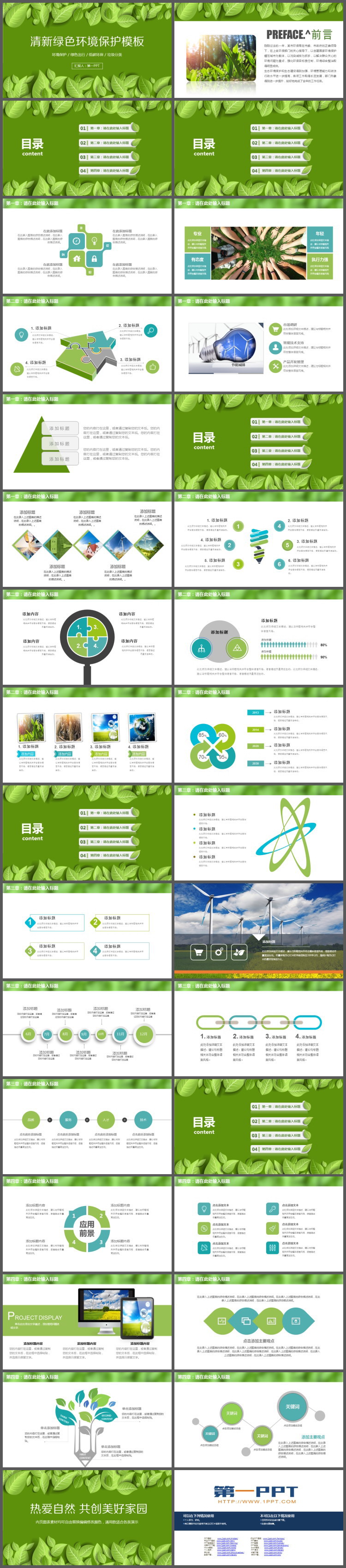 精致清新绿叶背景的环境保护PPT模板