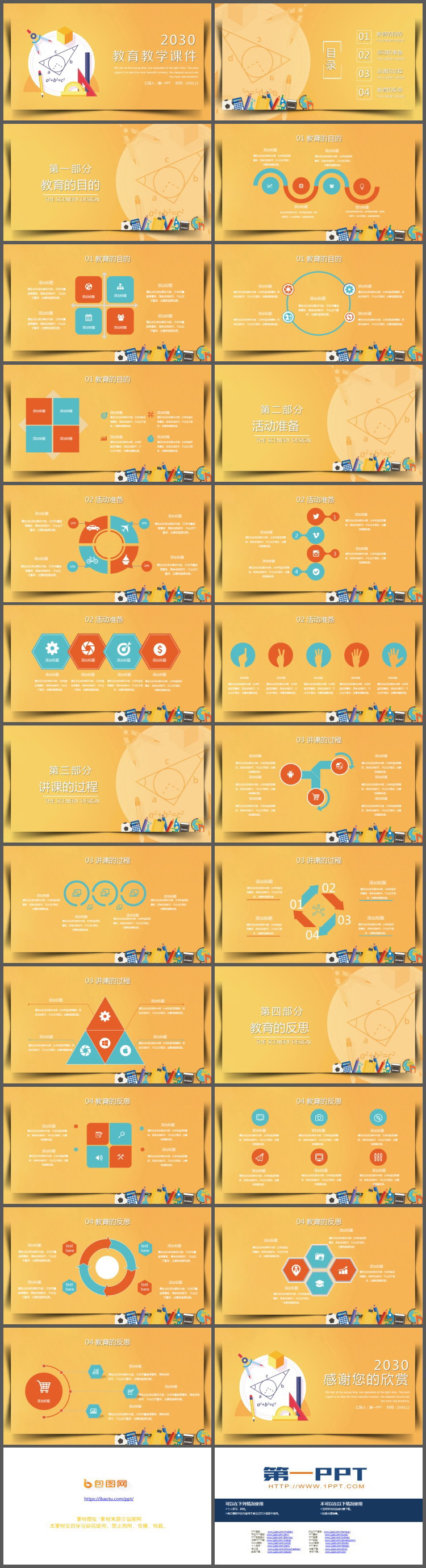 橙色卡通文具数学公式背景的教学说课PPT模板
