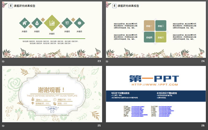 雅致古典花卉背景毕业答辩PPT模板
