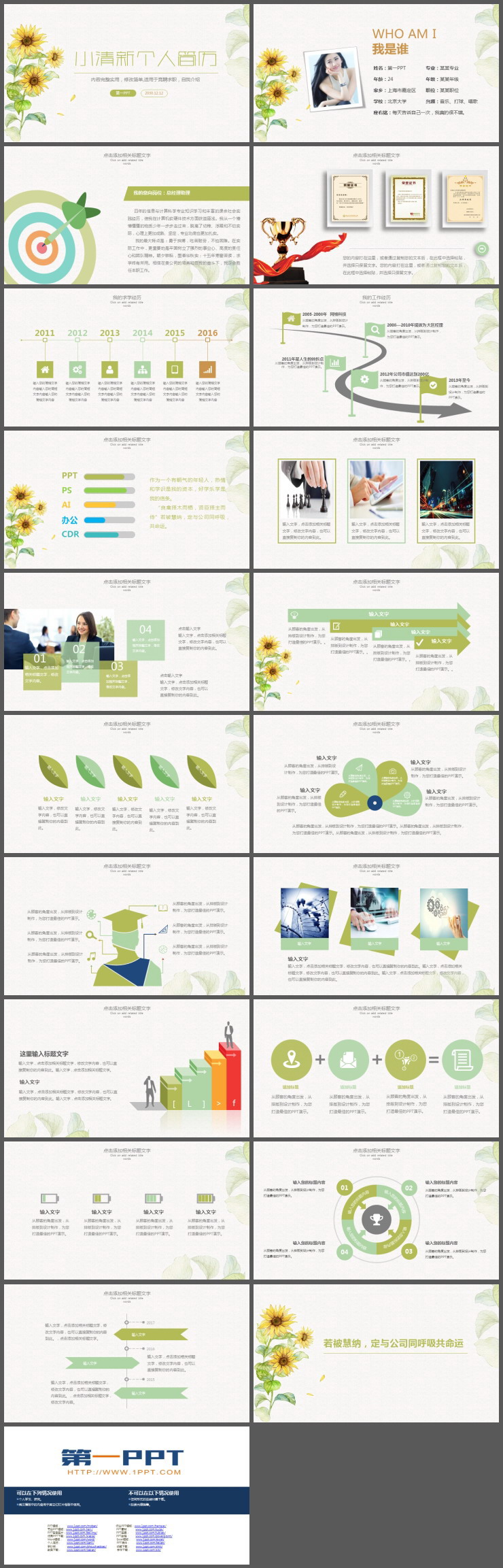 清新水彩向日葵背景的女生个人简历PPT模板