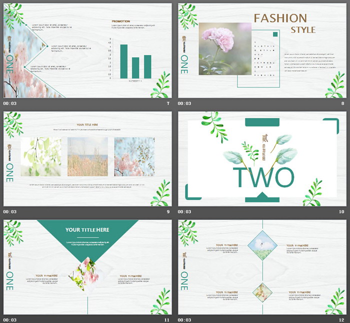 清新手绘植物叶子PPT模板