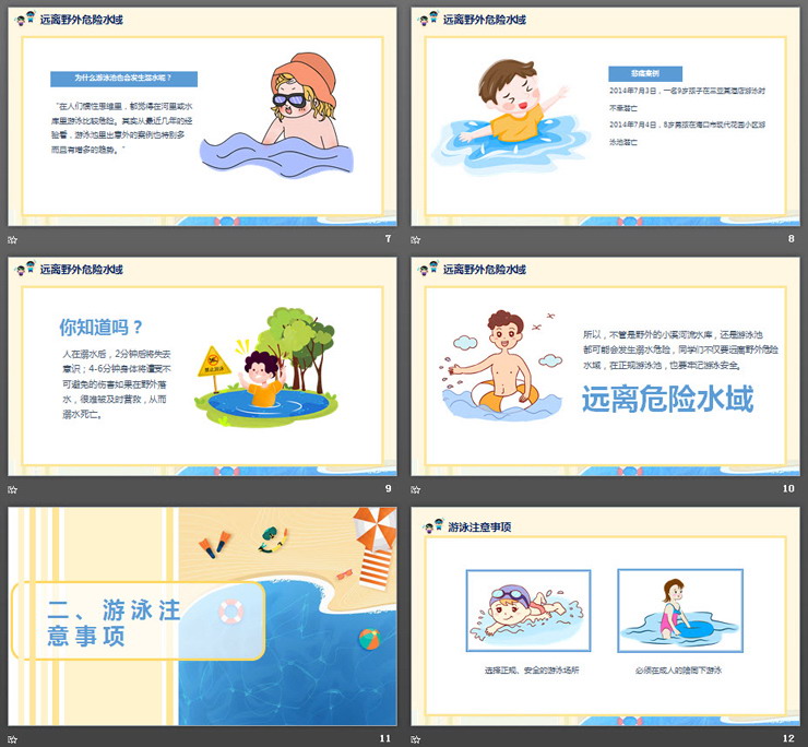 卡通沙滩背景的《夏季防溺水》PPT下载