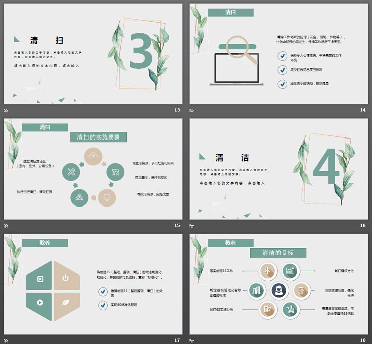 清新水彩叶子背景的6S管理培训PPT